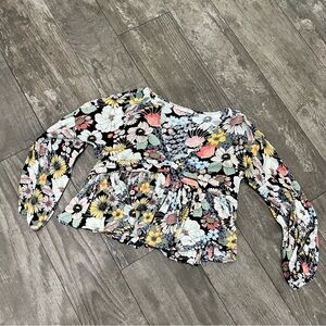 O'Neill White and Red Ruffled Floral Long Sleeve Blouse